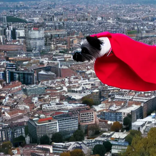 Prompt: a zwerg schnauzer flies over the city in a super cape