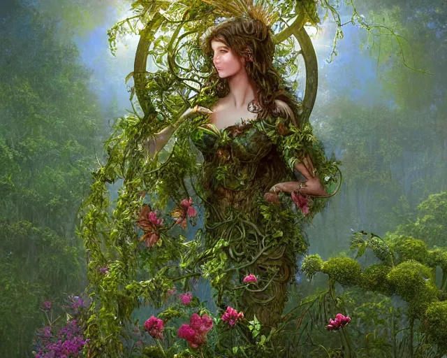 Prompt: a male winged angel made of vines and flowers and moss, standing in front of a beautiful cottage, a digital painting by thomas canty and thomas kincade and ross tran, art nouveau, atmospheric lighting, trending on artstation