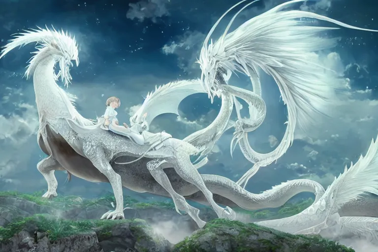 Image similar to a hyper detailed big render that beautiful princess lie on the ground be surrounded in the white clouds fairyland center by a huge silver white dragon, finely detailed angelic face, style of studio ghibli, makoto shinkai, xision, ilya kuvshinov and artgerm, kazuki tanahashi, james jean, animation style, golden curve composition, ultra wide angle