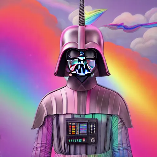 Prompt: beautiful matte painting, rainbow colored pink pink darth vader wearing pink wearing pink, riding a unicorn, riding a unicorn, riding a unicorn over a glittering rainbow in space by lisa frank and dan mumford, octane render, HDR, vivid color, volumetric lighting, unreal engine, concept art, CGsociety, trending on artstation