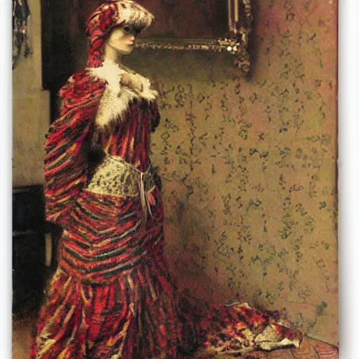 Image similar to woman in exotic costume by bakst, background of decaying victorian guest room by dore