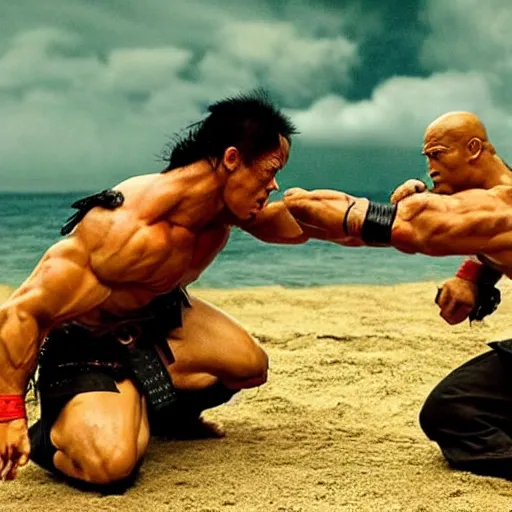 Image similar to Samurai John Cena vs samurai the rock, fight scene , a film still