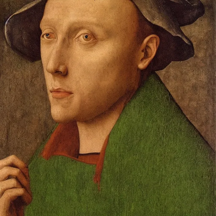 Image similar to close up portrait of a young alchemist with green eyes and visible veins. jan van eyck