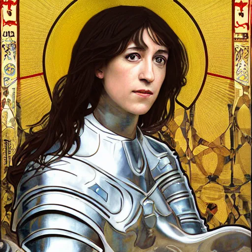 Image similar to portrait of charlotte gainsbourg as joan of arc in armor, hyperreal digital painting, iconography influenced by alphonse mucha and eugene delacroix, arstation and deviantart trends, high resolution 8 k