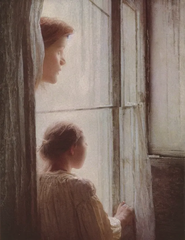 Image similar to peasant girl in a morning in country house looking in a window, cottage core, polaroid photo bleached vintage pastel colors high - key lighting, soft lights, foggy, by steve hanks, by lisa yuskavage, by serov valentin, by tarkovsky, detailed, oil on canvas