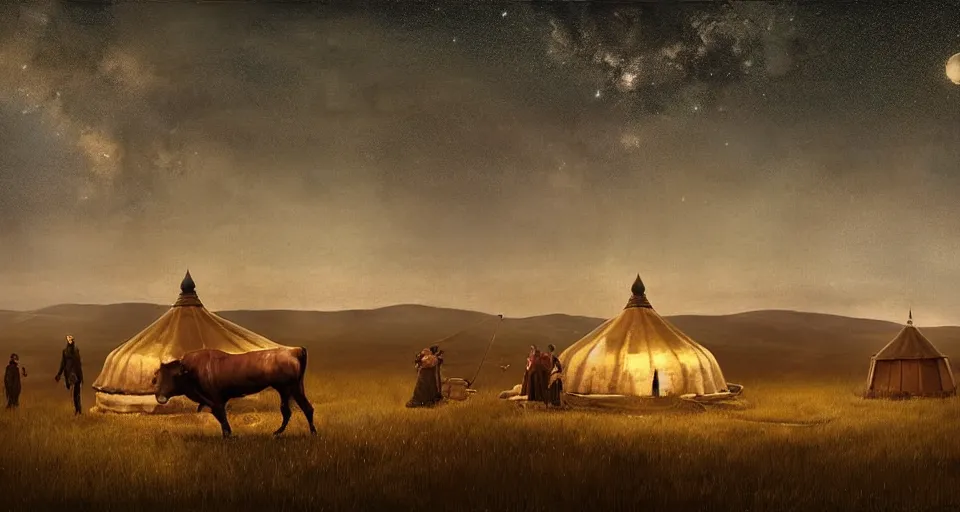 Image similar to deep night, stars shining, a yurt, a bull, in the steppe, summer field, from the game pathologic 2, highly detailed, sharp focus, matte painting, by isaac levitan and asher brown durand,