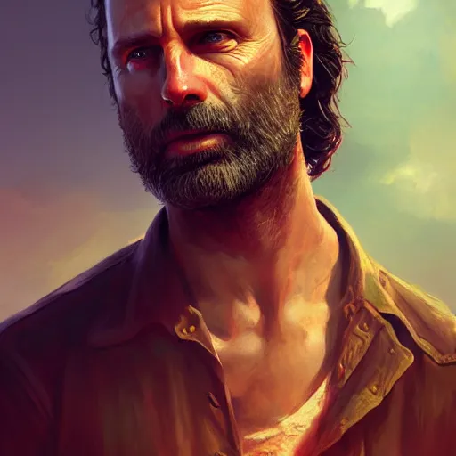 Image similar to rick grimes, portrait, fantasy, medieval, vivid colors, elegant, concept art, sharp focus, digital art, Hyper-realistic, 4K, Unreal Engine, Highly Detailed, HD, Dramatic Lighting by Brom, trending on Artstation