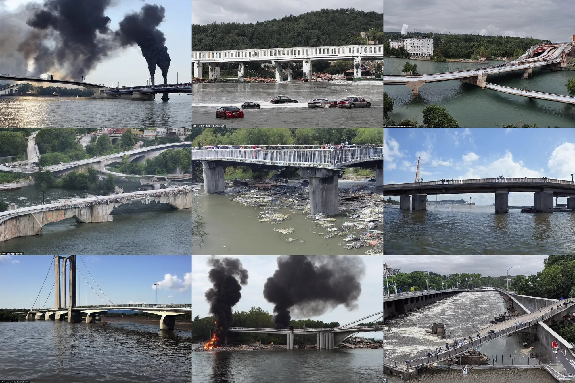 Prompt: an expensive and beautiful bridge with large columns located above the water on which there are a large number of cars, a big explosion destroys it