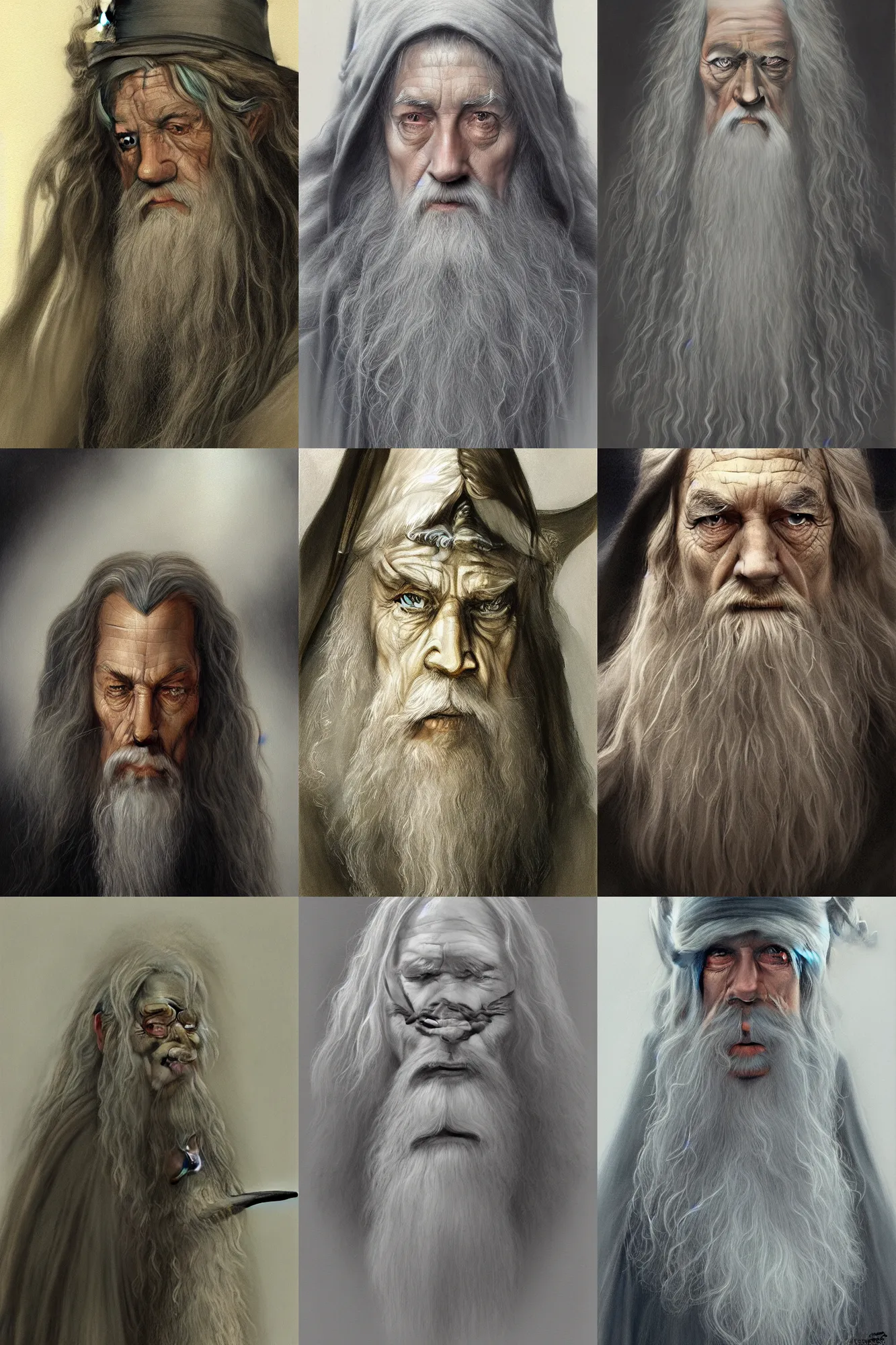 Prompt: a portrait of Gandalf, Lord Of The Rings, by John Howe, trending on ArtStation
