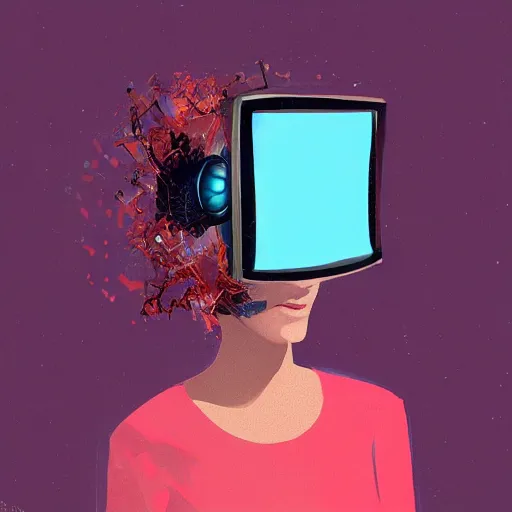 Prompt: a woman with a television on her head, digital art, trending on artstation