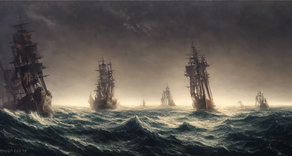 Prompt: giant sailing battleship with ten sails, raging sea foggy, dramatic, action scene, stormy background, shipfleet on the horizon, high detail, greg rutkowski, james gurney, gene wolfe, gustave dore, jesper ejsing, rhads, makoto shinkai, ilya kuvshinov