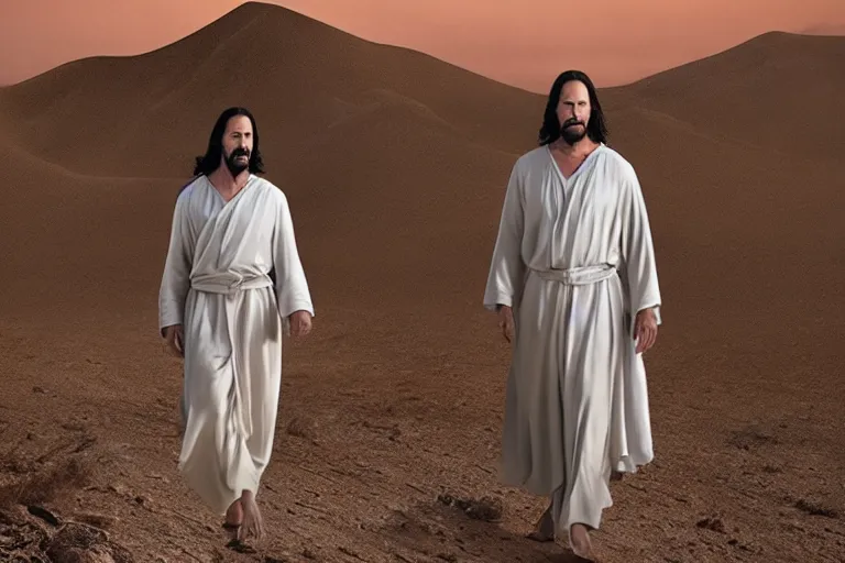 Image similar to promotional image of Keanu Reeves as Jesus Christ in the new movie directed by Christopher Nolan, wearing robes and holding a book, walking through the desert, movie still, promotional image, imax 70 mm footage