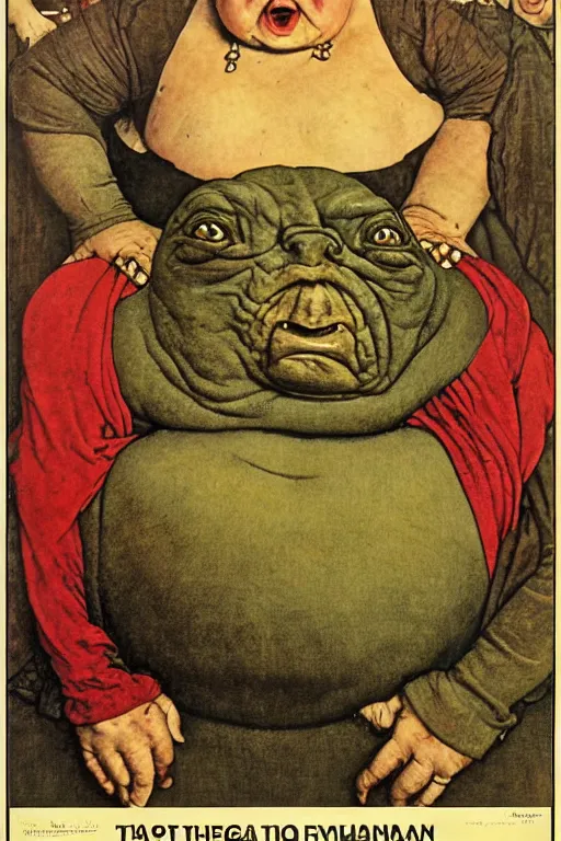 Prompt: Jabba the Hutt portrait by norman rockwell, 1900s magiacian poster style