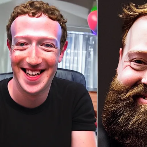 Prompt: mark zuckerberg wishing a happy bearded man happy birthday from inside the computer screen, confetti, cake, balloons