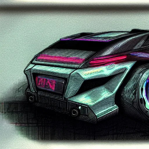 Image similar to a cyberpunk car, sketch, crayon render