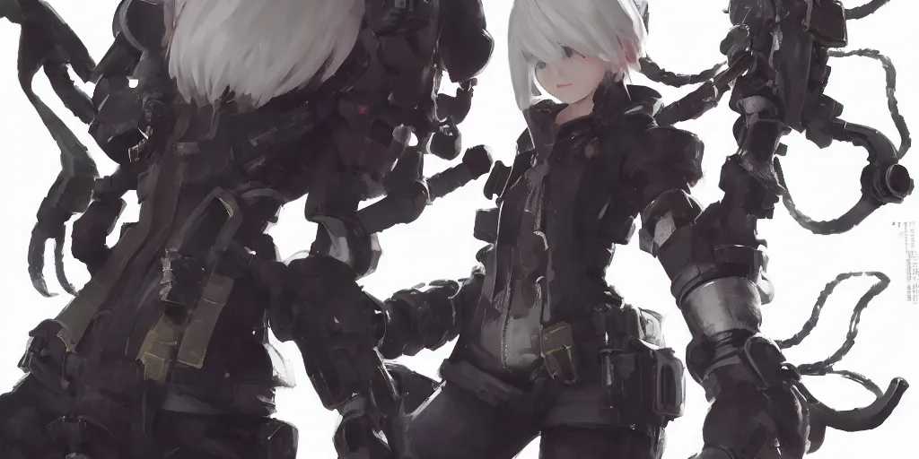 Image similar to portrait splatoon nintendo one character full body precis no blur, concept art, character sheet nier automata 2 d, yoji shinkawa, yoshitaka amano, greg rutkowski, cyberpunk, trending on artstation, featured on pixiv, hyper detail, cinematic composition, 8 k