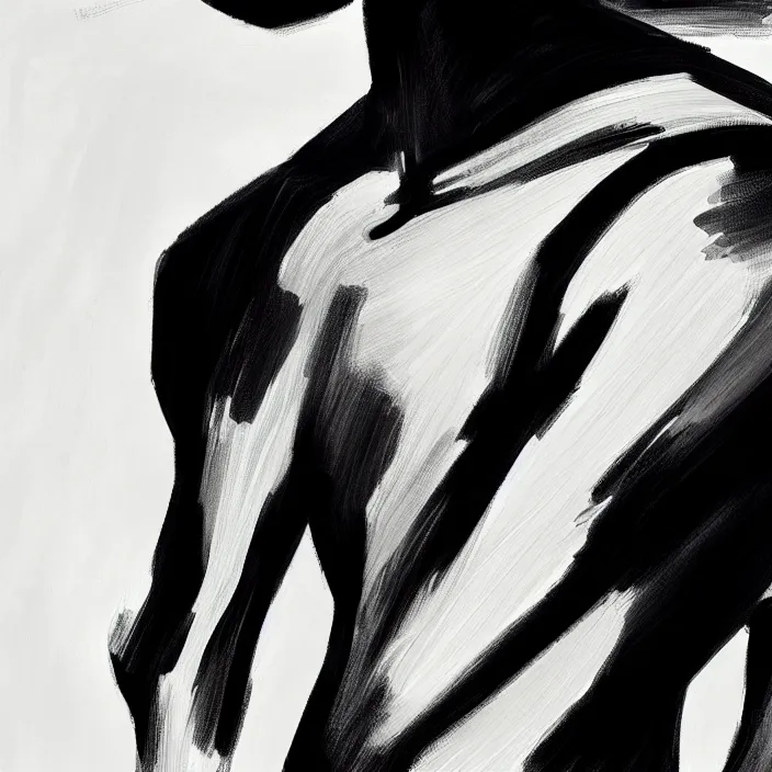 Image similar to closeup of a thin, athletic physique man's body imade of abstract, thick flowing dramatic brush strokes, no face, strong wind, white background, matte colors, impressionist, extreme motion, trending on artstation