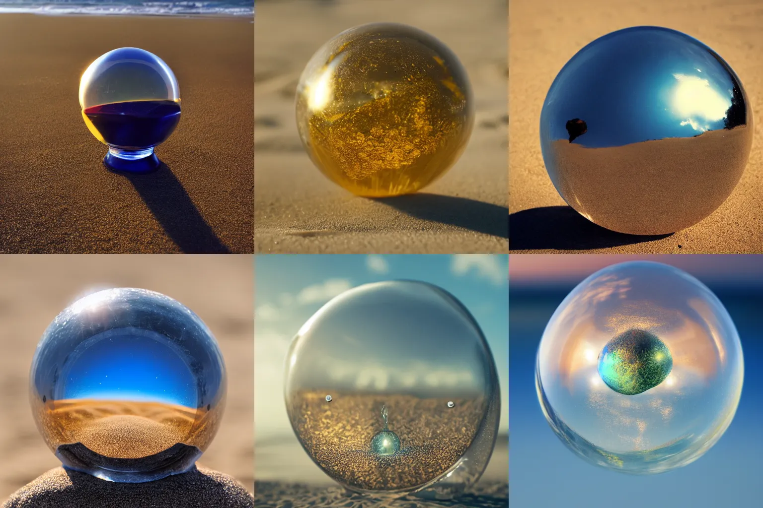 Prompt: a crystal sphere on a sunny beach closeup, golden ratio, cinematic, trending on artstation, deviantart and cgsociety, 8k, high resolution, 30mm lens