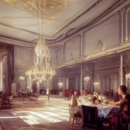 Prompt: opulent anglocore ballroom with tall ceilings and tall windows, French provincial furniture, a waitress spilling food, People jumping out of chairs, Volumetric light rays, fancy drapery on furniture, palace, victorian, by Greg Rutkowski