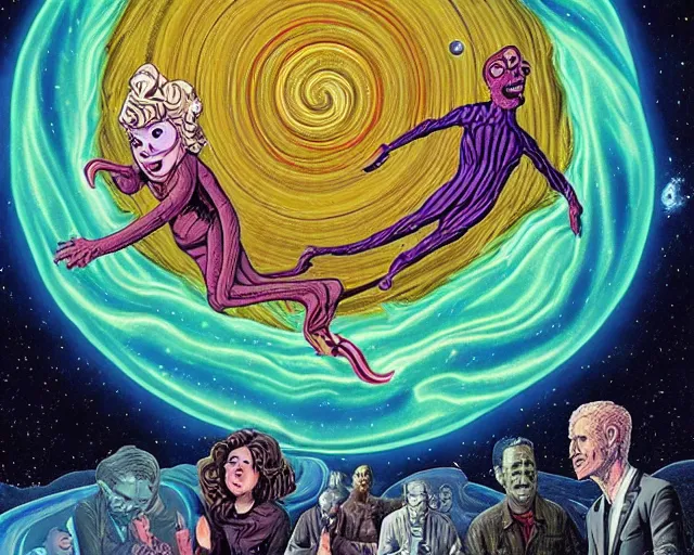 Image similar to the cast of izombie floating in a spiral galaxy, cosmic horror painting, elegant intricate digital painting artstation concept art by basil wolverton by robert crumb by william eggleston detailed