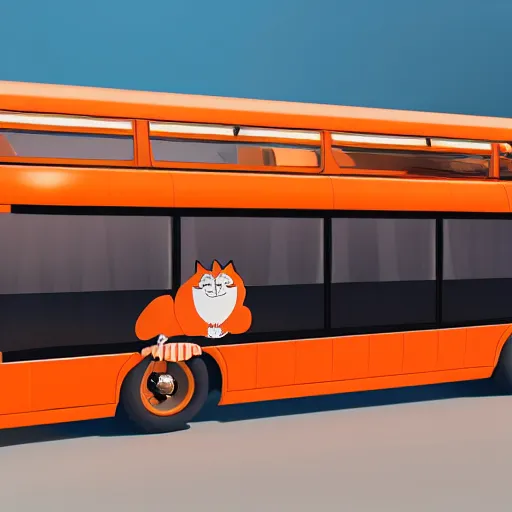 Image similar to a bus covered by orange and black striped soft fur, with 10 paws instead of wheels and a huge smiling cat face on the front and a furry cat tail at the back. Trending by artstation, rendered in unreal engine 5, anime style.