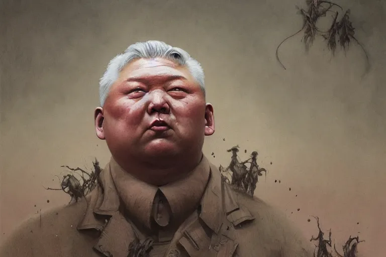 Image similar to Kim Jong-un face with body of rotten worm, dark fantasy, intricate, highly detailed, smooth, artstation, painted by Wayne Barlowe, Greg Rutkowski, zdislav beksinski, Francis Bacon