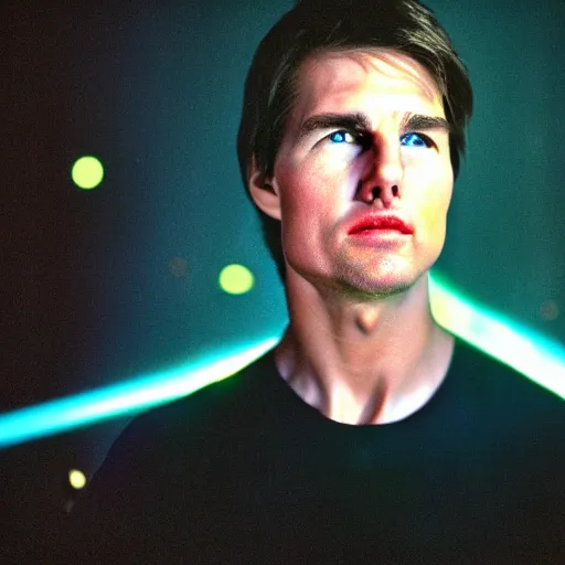 Prompt: photo tom cruise with glow red laser eyes, cinestill, 800t, 35mm, full-HD