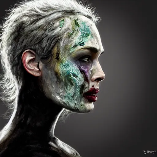 Image similar to color head portrait of lena headey promoting a skin care product as a zombie, 7 days to die zombie, gritty background, fine art, award winning, intricate, elegant, sharp focus, cinematic lighting, digital painting, 8 k concept art, art by michael hussar, art by brom, art by guweiz and z. w. gu, 8 k