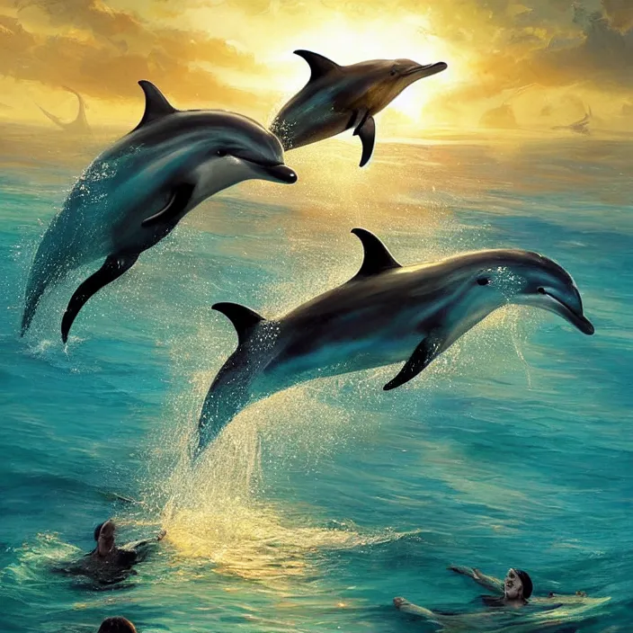 Image similar to dolphin swimming, golden hour, god rays, by artgerm and ismail inceoglu, masterpiece, beautiful, intricate, elegant, highly detailed