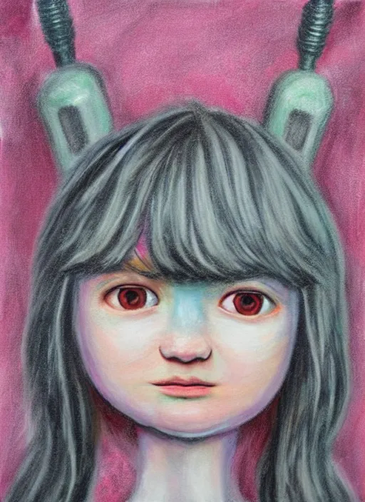 Image similar to chalk painting of a realistic android child with big round eyes, thin lips, wide nose and long hair