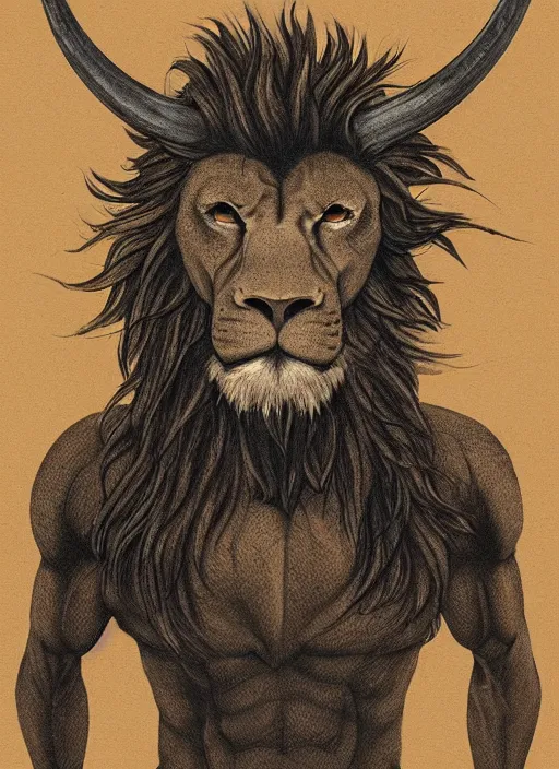 Prompt: a mighty strong creature with the body and eyes of a man, ( ( ( with the beak of an eagle ) ) ), the mane of a lion, and the horns of an ox. no nose. drawn by boris valejo