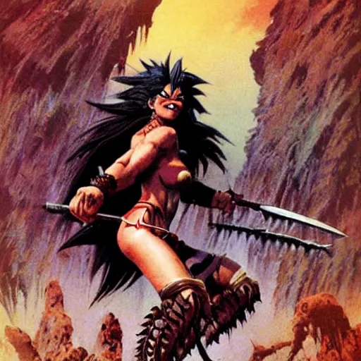 Image similar to Savage battlescarred Saiyan warrior girl, cavewoman, wild spiky black electrified hair, pelt, scimitar, primeval fantasy, prehistoric fantasy, orcs, goblins attacking, 1980s pulp fantasy, art by Frank Frazetta and Boris Vallejo