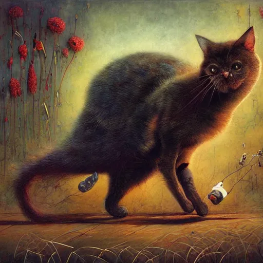 Image similar to A cat tripping on LSD, by Esao Andrews and Karol Bak and Zdzislaw Beksinski