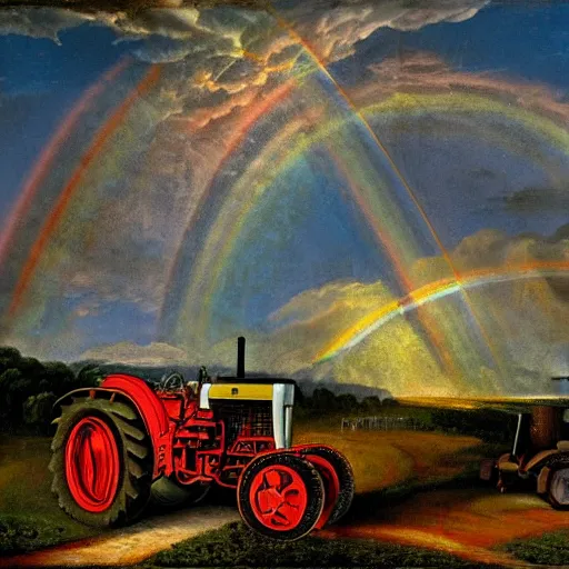 Image similar to a burning tractor over a rainbow as a baroque painting