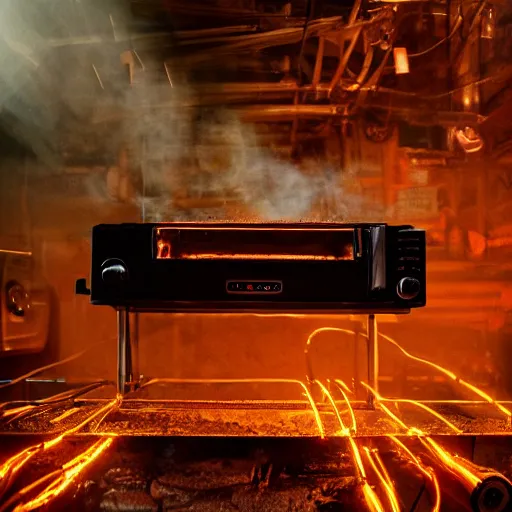 Prompt: toaster oven connected to 1 0 0 cables, symmetry, dark messy smoke - filled cluttered workshop, dark, dramatic lighting, orange tint, sparks, cinematic, highly detailed, sci - fi, futuristic, movie still