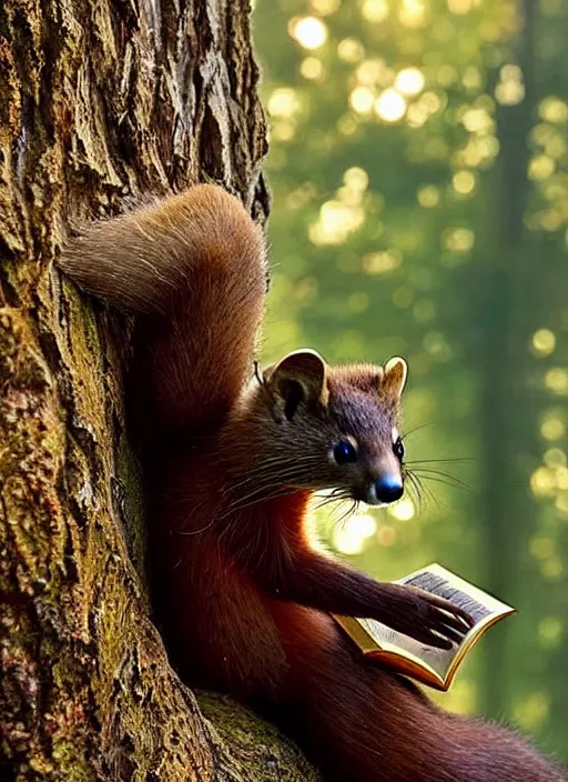 Image similar to a beautiful scene from a 2 0 2 2 fantasy film featuring a humanoid pine marten with golden eyes wearing a loose white tunic reading on a couch. an anthropomorphic pine marten. golden hour.