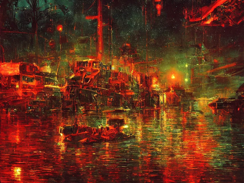 Image similar to river boats speeding between tree houses on flooded streets of new york painting, red and green palette, night lights, starry sky, by ( h. r. giger ) and paul lehr