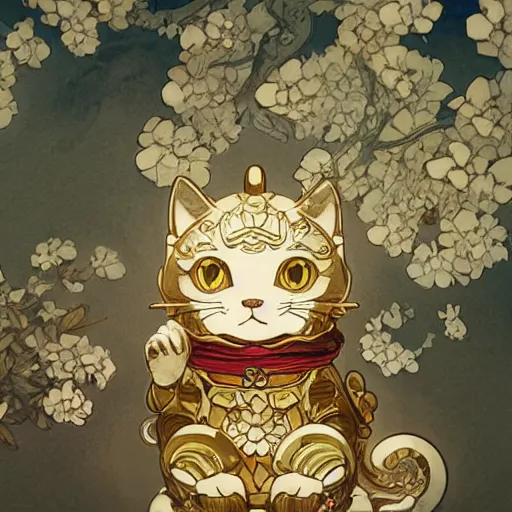 Prompt: A cute maneki neko, flowers around, D&D, fantasy, intricate, cinematic lighting, highly detailed, digital painting, artstation, concept art, smooth, sharp focus, illustration, art by Akihiko Yoshida, Greg Rutkowski and Alphonse Mucha