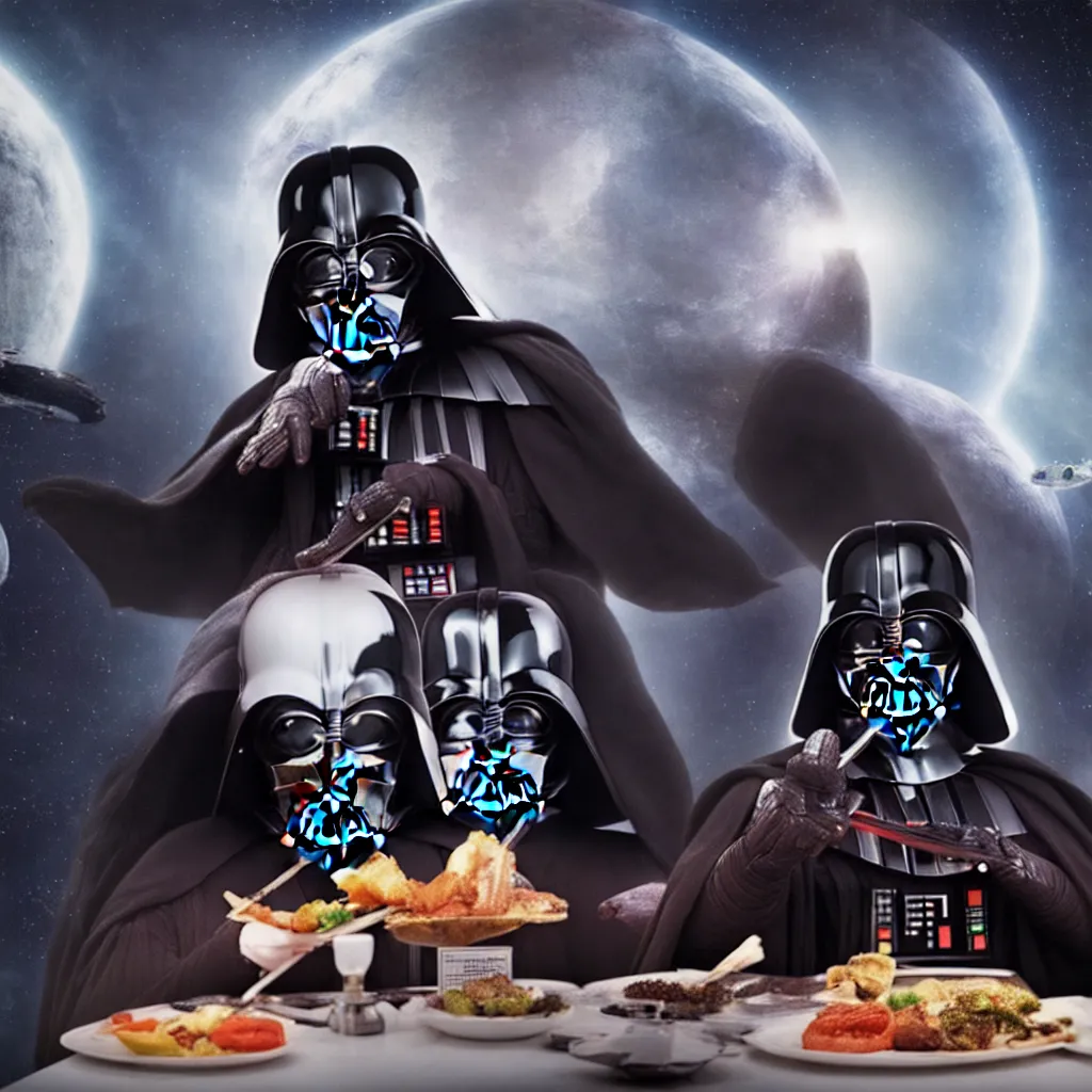 Image similar to darth vader eating in a space diner, photo, 4k