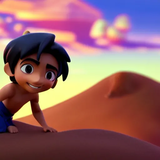 Image similar to profile view of young aladdin as nendoroid walking in a desert in the croods movie style, anime, disney, pixar, 8 k, hd, dof, kodak film, volumetric lighting, subsurface scattering, photorealistic, octane render, details