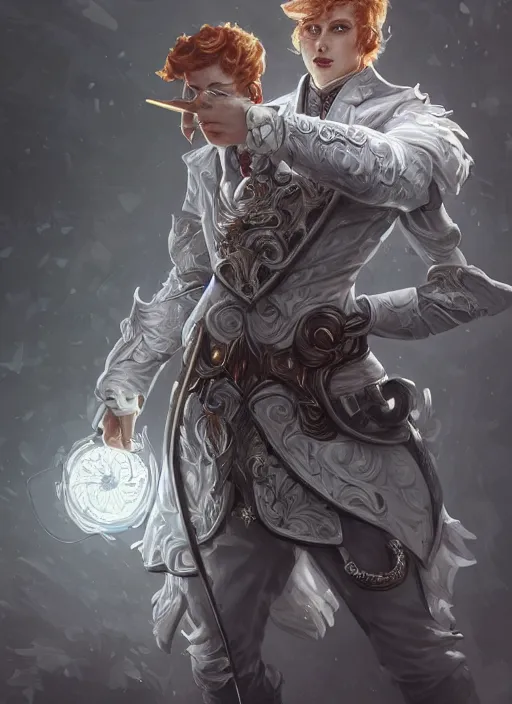 Prompt: a highly detailed illustration of short ginger haired man wearing white suit, dramatic holding ornate mechanical cane pose, intricate, elegant, highly detailed, centered, digital painting, artstation, concept art, smooth, sharp focus, league of legends concept art, WLOP