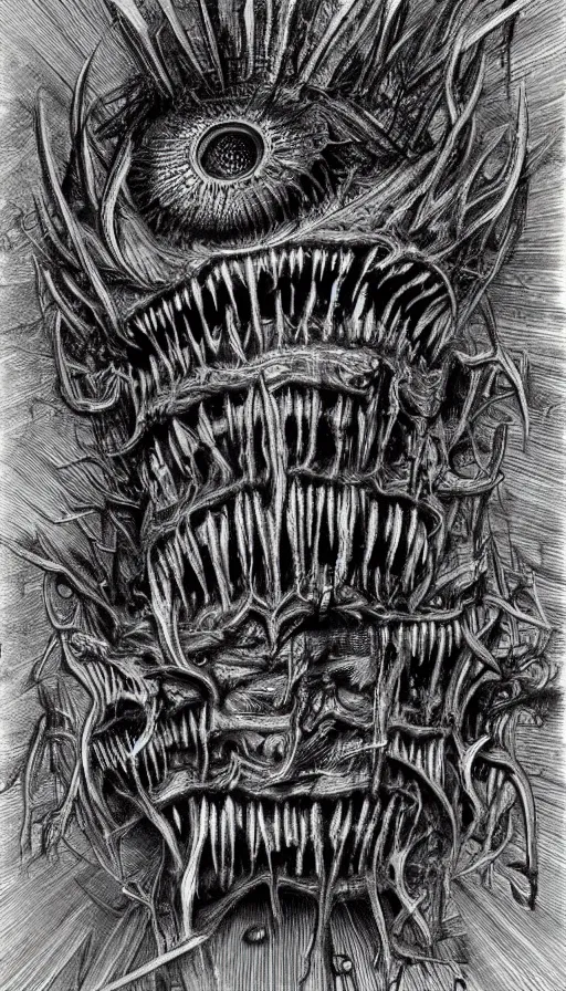 Image similar to a storm vortex made of many demonic eyes and teeth, by hr giger