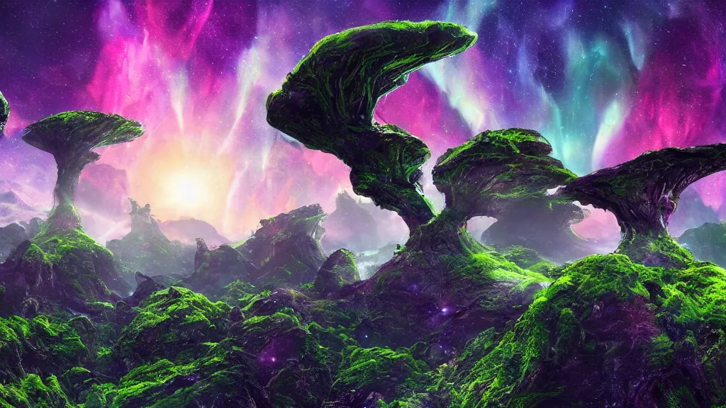 Prompt: an alien landscape view, alien sky, star in the sky, alien waterfall, weird alien trees, alien colorful greenery, alien mountains, epic composition, 4 k, detailed, realistic