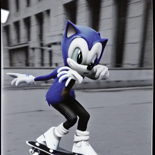 Prompt: polaroid image of sonic the hedgehog skating in new york city