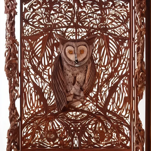 Prompt: a 3 d wooden mahogany art nouveau carved sculpture of a barn owl, in front of a delicate tracery pattern, intricate and highly detailed, well - lit, ornate, realistic, polished with visible wood grain