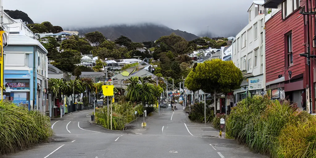 Image similar to a city street in wellington, new zealand but half of the streets have restored wetlands. new zealand flax, raupo