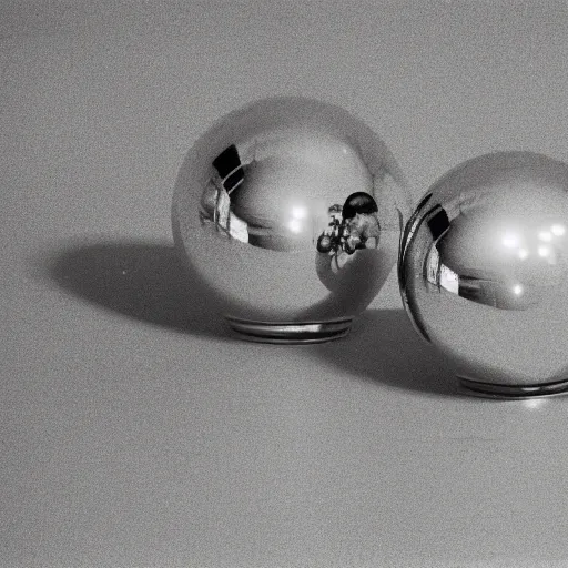 Prompt: chrome spheres on a red cube, kodak tri-x photograph