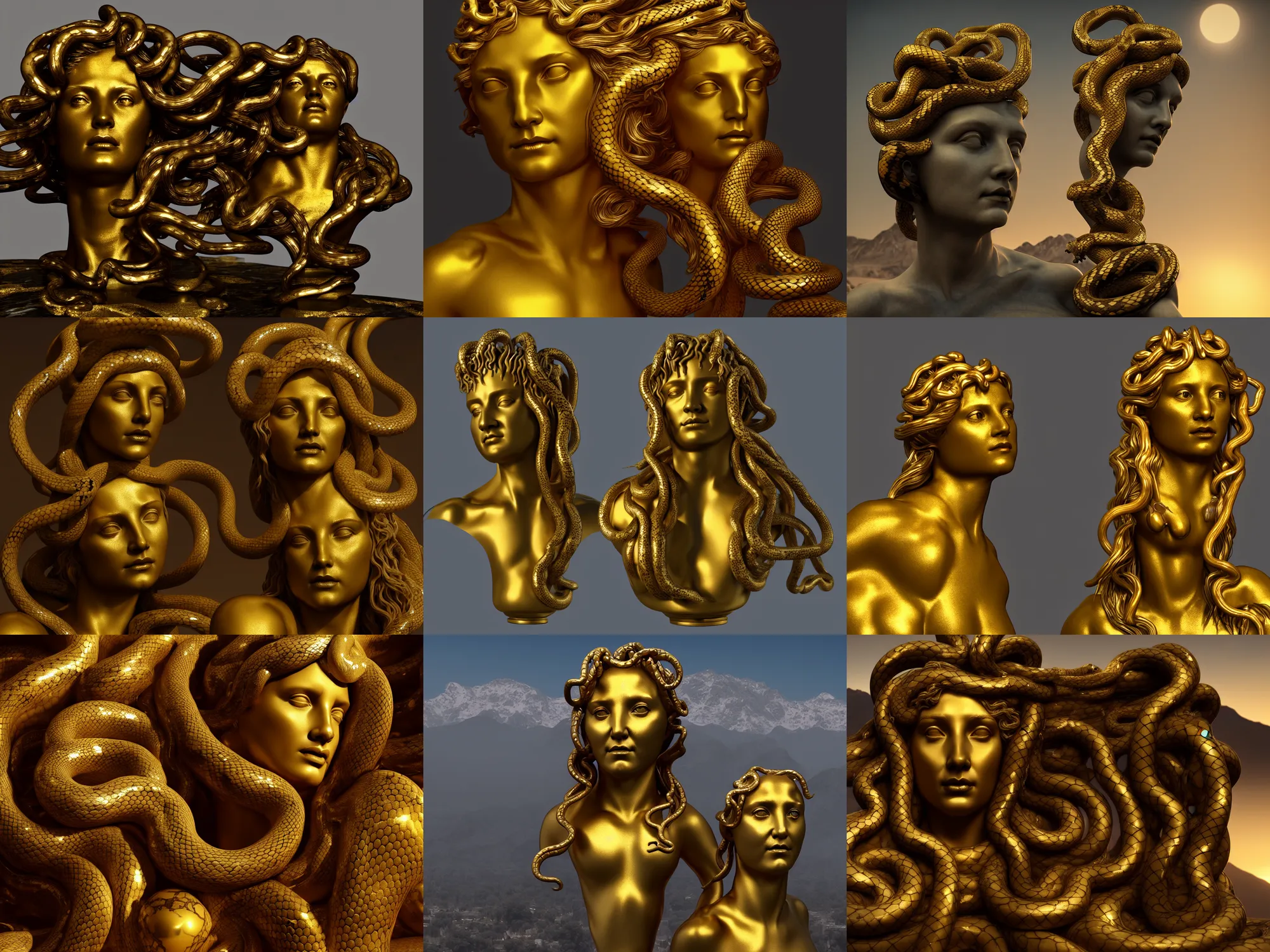 Prompt: a marble bust of medusa on an onyx pedastal, snakes dripping gold, mountains in background, 4k, trending on artstation, photorealistic, volumetric lighting, octane render,