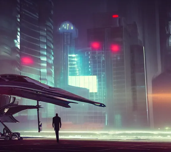 Prompt: man waits for futuristic sci fi jet landed at runway of cyberpunk city, night photo ,dark cinematic lighting , digital concept art
