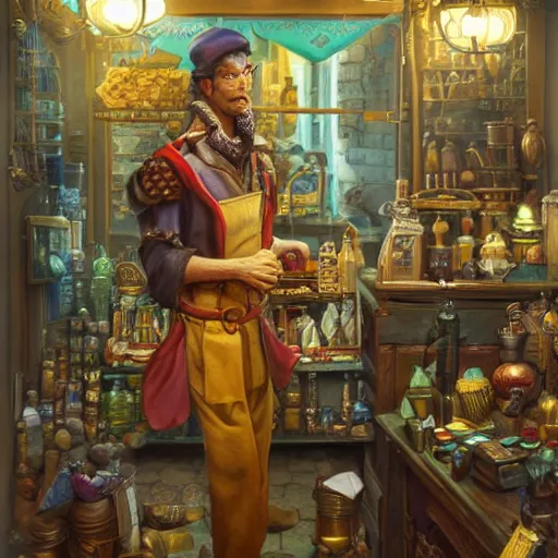 Image similar to A Anthropomorphized parrot trader in his shop, selling his wares, portrait, items, gold, carpet, window, sly expression, cunning expression, D&D, fantasy, intricate, cinematic lighting, highly detailed, digital painting, artstation, concept art, smooth, sharp focus, illustration, art by Akihiko Yoshida, Greg Rutkowski